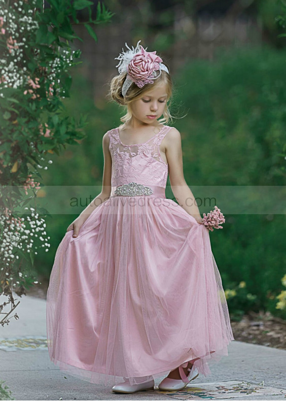 Dusty Rose Lace Tulle Floor Length Flower Girl Dress